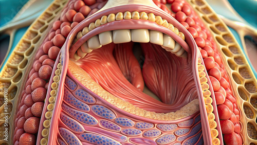 Detailed closeup of the pharynx's mucous membrane and tissue structure. photo