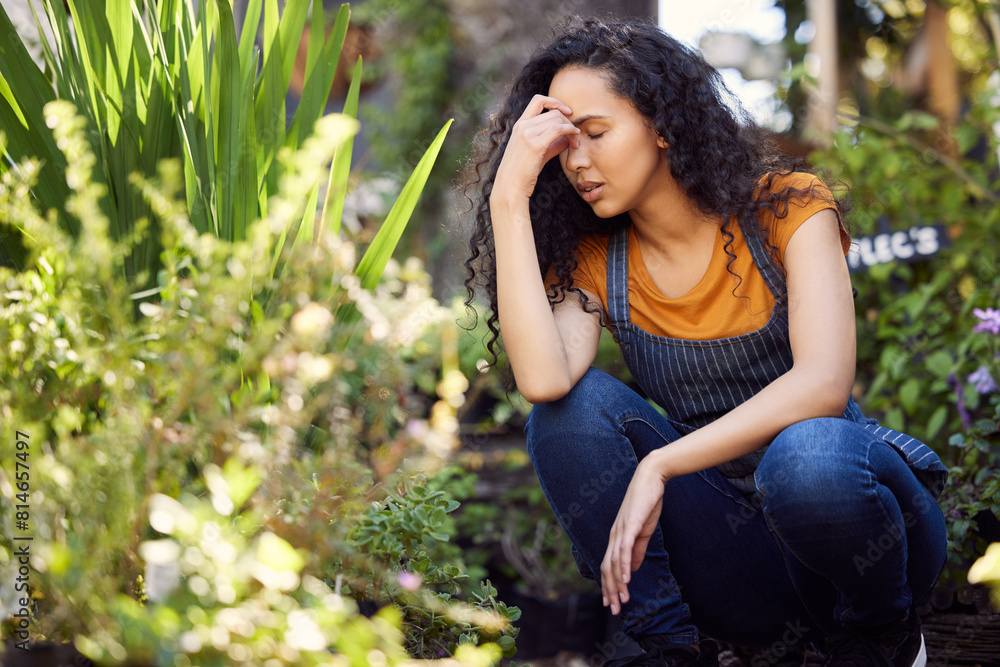 Plants, woman or gardener with headache of stress, burnout and overworked in small business. Florist, exhausted and fatigue with sick or pain of work pressure, problem and backyard of shop owner Plants, woman or gardener with headache of stress, burnout and overworked in small business. Florist, exhausted and fatigue with sick or pain of work pressure, problem and backyard of shop owner