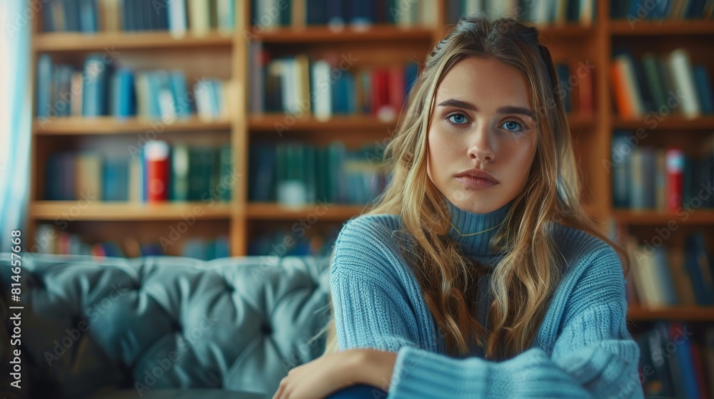 Thoughtful Young Woman in Blue Sweater Relaxing in a Library. Generative ai Thoughtful Young Woman in Blue Sweater Relaxing in a Library. Generative ai