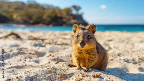 A small animal is sitting on the sand near the water. The animal is brown and has a curious expression on its face