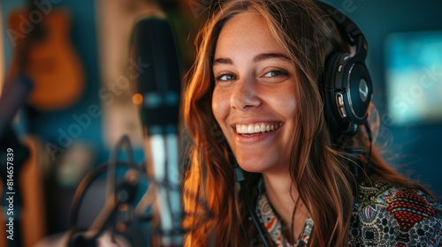 A Smiling Woman Recording Podcast
