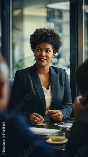 A confident black plus-size woman leading a business meeting in a professional setting, dressed in stylish business attire and exuding authority and competence as she discusses strategy with her team