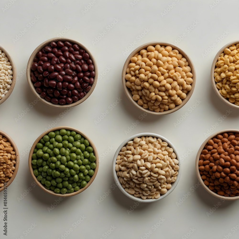 Arranged white bowls with uncooked pulses, grains and seeds on white wood. Arranged white bowls with uncooked pulses, grains and seeds on white wood.