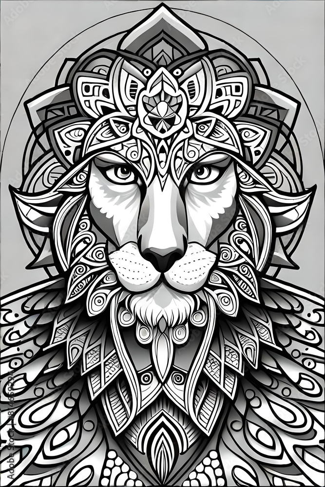Tiger head coloring book illustration. Antistress coloring for adults