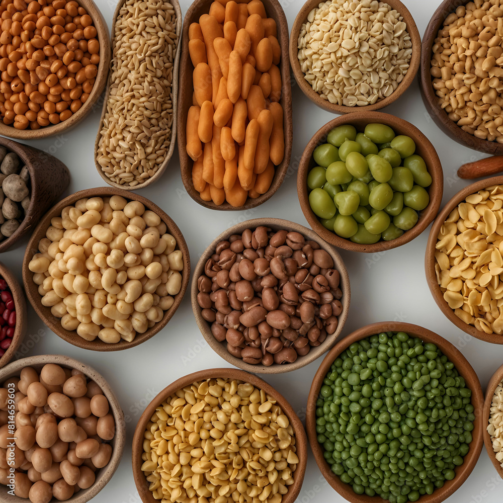 Arranged white bowls with uncooked pulses, grains and seeds on white wood. Arranged white bowls with uncooked pulses, grains and seeds on white wood.