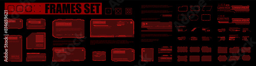 Big set red frames with complex elements and text. Graphical dialog boxes and frames for the user interface. Modern dialog boxes, frames and HUD interface elements. Vector set templates with frames