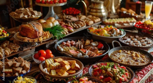 Food Feast Celebration: Traditional Eastern European (Lithuanian) Table with Delicious Dishes photo