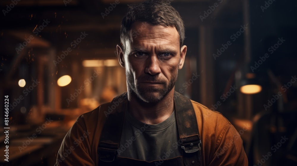 Generative AI Portrait of a builder measuring and cutting wood, focused and skilled, construction materials in the background Generative AI Portrait of a builder measuring and cutting wood, focused and skilled, construction materials in the background