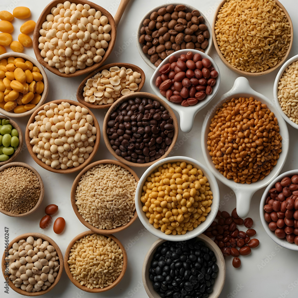 Arranged white bowls with uncooked pulses, grains and seeds on white wood. Arranged white bowls with uncooked pulses, grains and seeds on white wood.