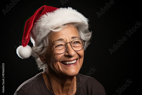 Smiling and happy senior woman in santa hat. photo