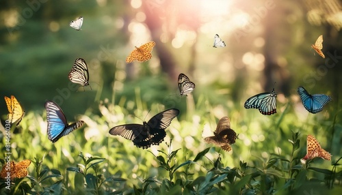 colorful butterflies on a blurred natural background