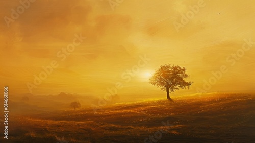 Serene landscape painting with a lone tree on a golden hill under a textured sky