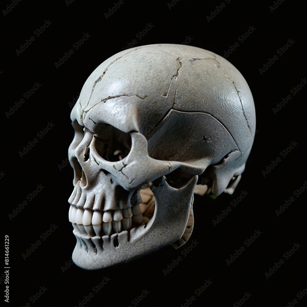 Obraz premium Skull made of granite. Isolated on black background. Side view, Digital illustration.