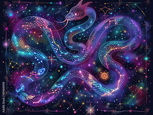 A mystical snake slithers gracefully through a sea of stars, its iridescent scales reflecting the light of distant galaxies. Zodiac concept. Generative ai. photo