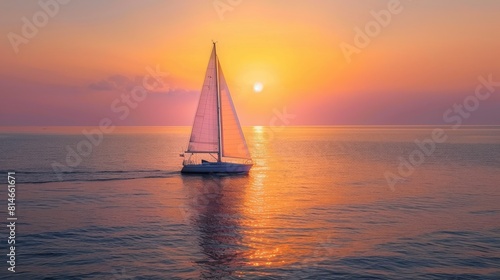 Serene sunset seascape with a lone sailboat gliding on calm ocean waters