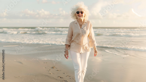A cheerful senior woman with white hair and sunglasses enjoys a serene walk on the beach at sunset, themes of solo travel, mental wellbeing, joy and independence achievable in later years.