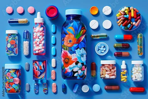 Assorted Pills and Bottles on Blue Background. Generative AI