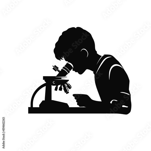 Young boy studying science using microscope silhouette