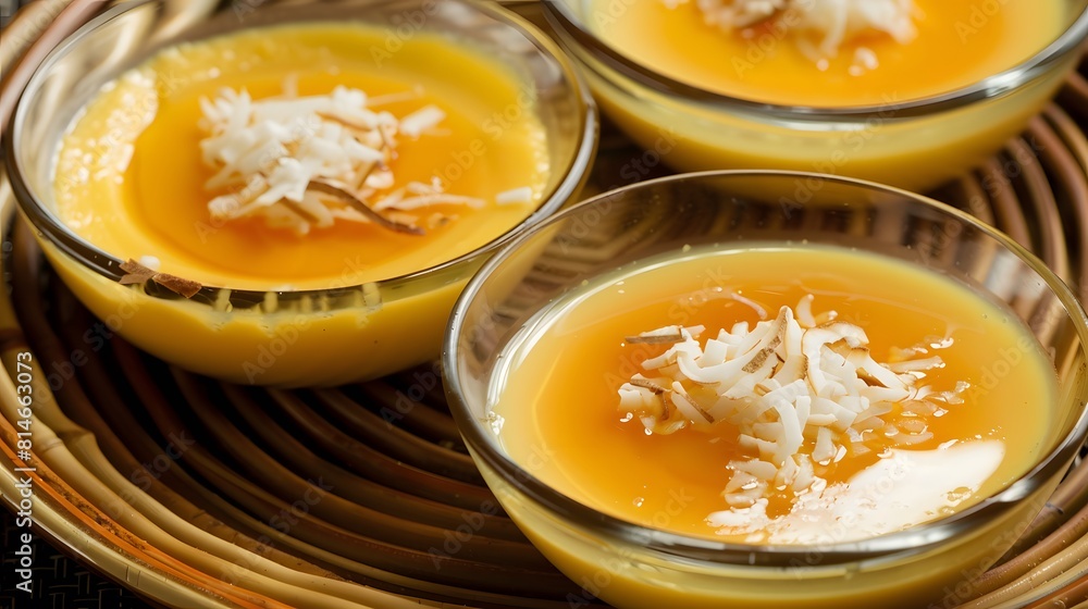 Quindim, a sweet, custard-like dessert made with egg yolks, sugar, and coconut Quindim, a sweet, custard-like dessert made with egg yolks, sugar, and coconut
