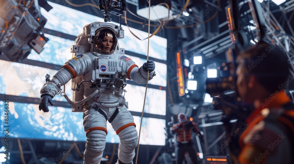Behind the Scenes of a Virtual Reality Film - Film crew working with stunt women Caucasian female astronaut in a space suit hanging on wires against a large LED screen.