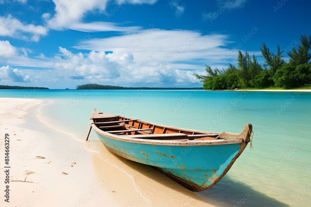 Wooden rowing boat on a tropical beach near blue water. Boat on the exotic shore of the turquoise sea. Wooden rowing boat on a tropical beach near blue water. Boat on the exotic shore of the turquoise sea.