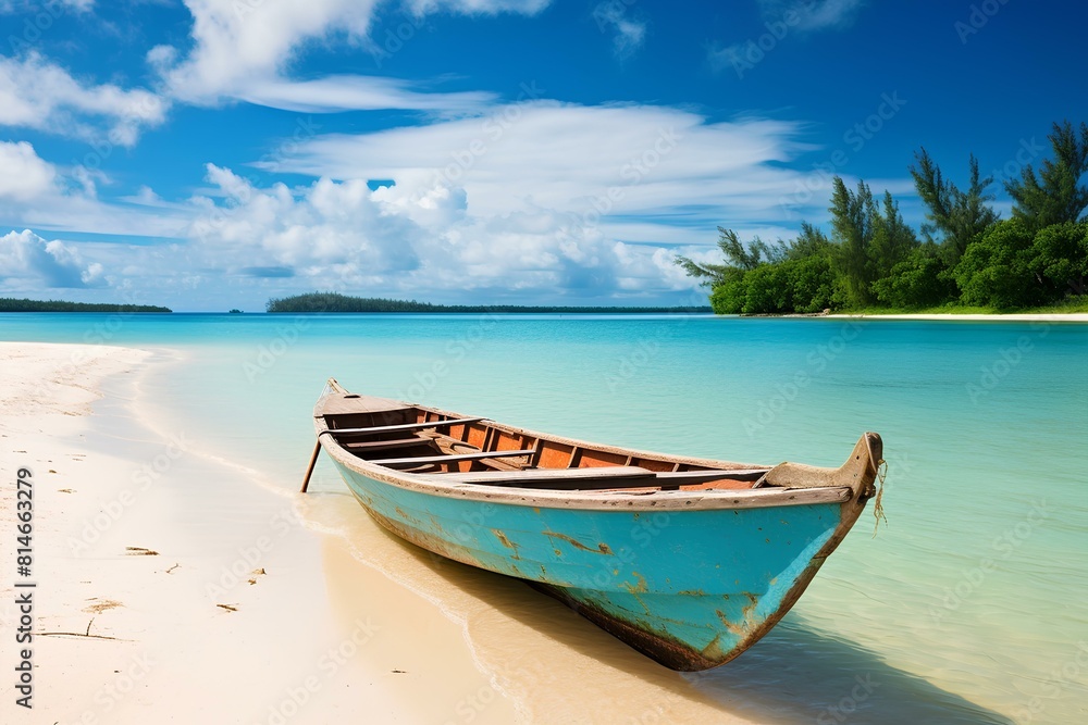 Wooden rowing boat on a tropical beach near blue water. Boat on the exotic shore of the turquoise sea.