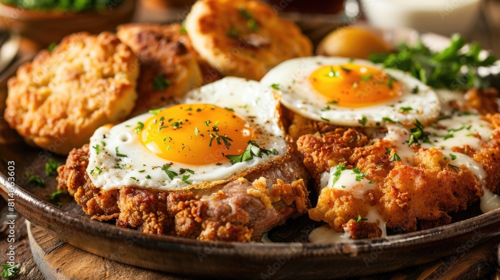 Country Food: Fried Chicken Steak with Sunny Side Up Eggs, Biscuits, and Gravy Country Food: Fried Chicken Steak with Sunny Side Up Eggs, Biscuits, and Gravy