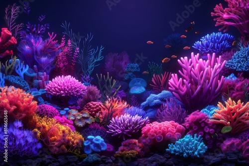 The aquarium is filled with vibrant corals in various shapes and shades surrounded by colorful fish swimming around