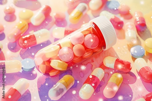 Bottle Filled With Pills on Colorful Background. Generative AI