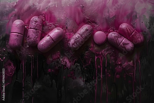 Pink Pills on Black Background. Generative AI