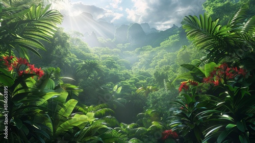 A dense green forest filled with numerous trees of various sizes  creating a lush and vibrant ecosystem. The canopy is thick  allowing minimal sunlight to penetrate the forest floor. The abundance of 