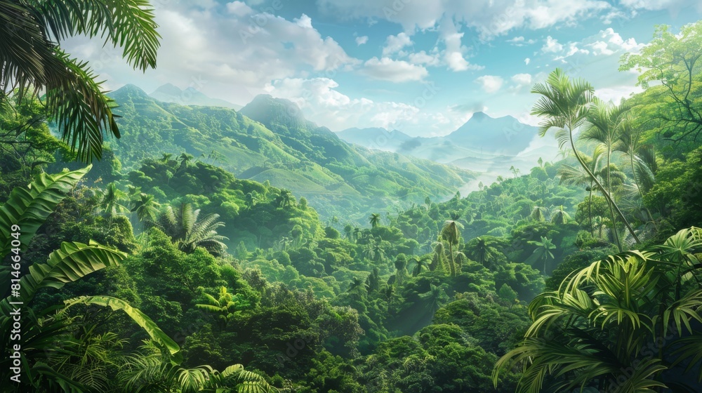 The painting depicts a lush jungle with towering mountains in the background. The scene is filled with dense greenery, including various trees and foliage, creating a vibrant and dynamic natural setti The painting depicts a lush jungle with towering mountains in the background. The scene is filled with dense greenery, including various trees and foliage, creating a vibrant and dynamic natural setti