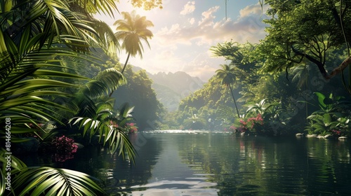 A painting depicting a flowing river surrounded by lush trees on its banks. The vibrant green foliage contrasts against the calm waters  capturing the essence of a forested riverside scene.