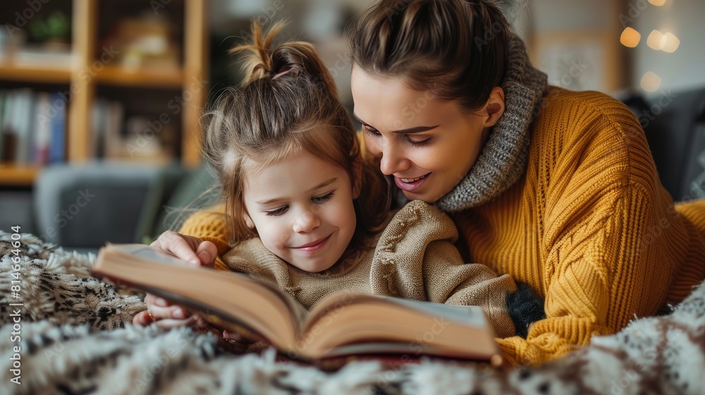 Joyful mother and kid curled up with a book at home Joyful mother and kid curled up with a book at home