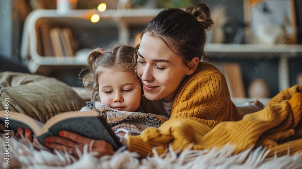 Joyful mother and kid curled up with a book at home Joyful mother and kid curled up with a book at home