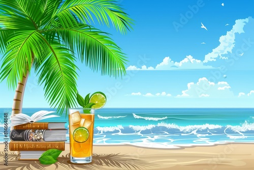 A book and a drink placed on the sandy beach under a palm tree on a sunny day