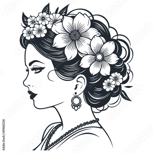 Brunette woman with a flower on her head, vector illustration