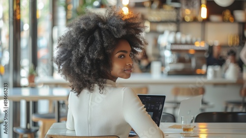 A beautiful melanated woman typing on laptop, minimal decor, luxury coffee shop. Generative AI. photo