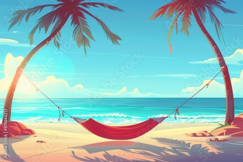 Hammock hanging between palm trees on a tropical beach