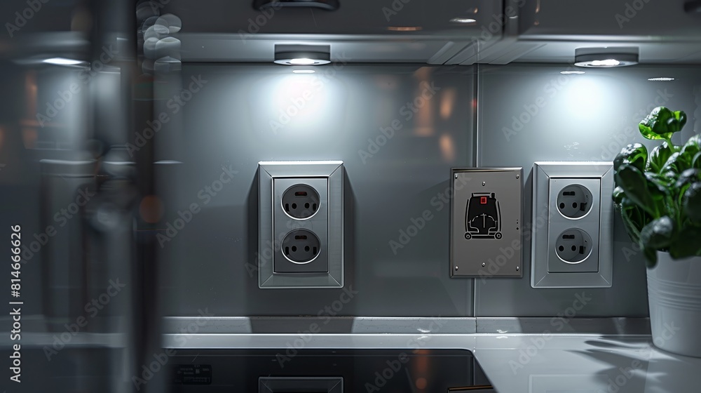 Two household sockets on the wall, the front of the household socket, and the background is the high-grade grey wall of the kitchen. Generative AI. Two household sockets on the wall, the front of the household socket, and the background is the high-grade grey wall of the kitchen. Generative AI.