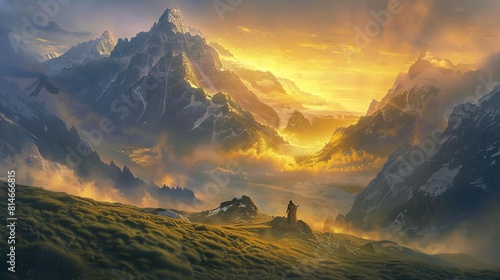 Stunning sunrise over a serene mountain landscape, wispy clouds hover below jagged peaks photo