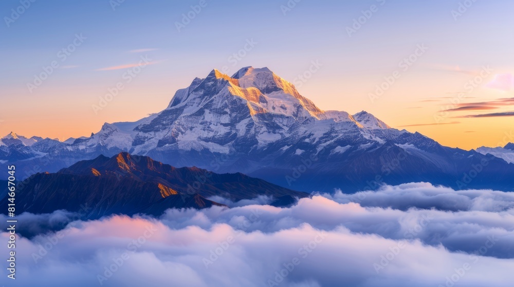 Stunning sunrise over majestic mountain peak surrounded by soft clouds