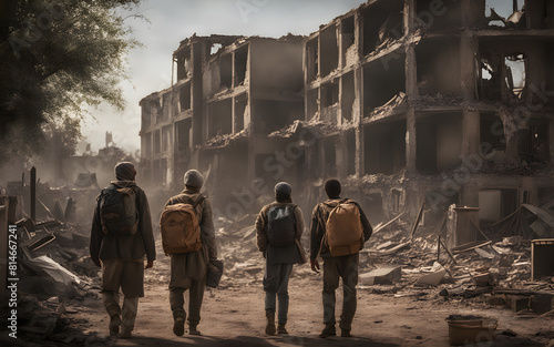 Rear view of refugees in front of destroyed home buildings because war bombings photo