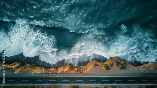 Aerial view road erosion from sea wave, close up. Beach road and ocean on a sandy beach shoreline from aerial drone. Travels concept.