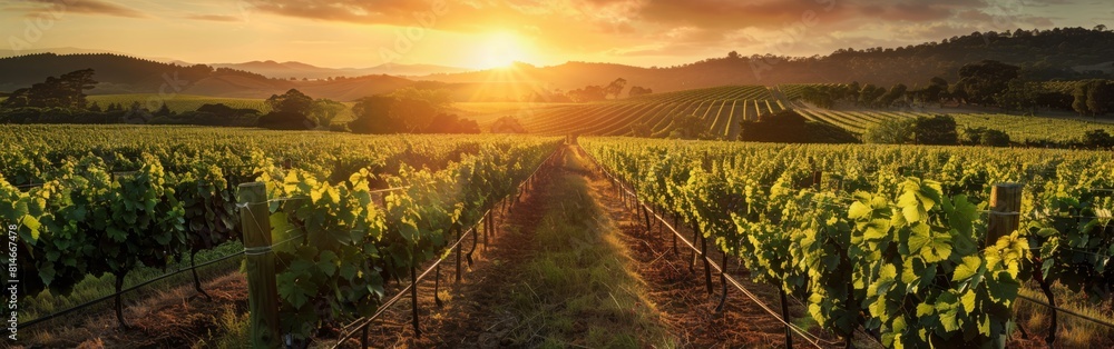 Naklejka premium The sun is dipping below the horizon, casting a warm golden glow over a vineyard. Rows of grapevines stretch into the distance, with the suns rays illuminating the leaves.