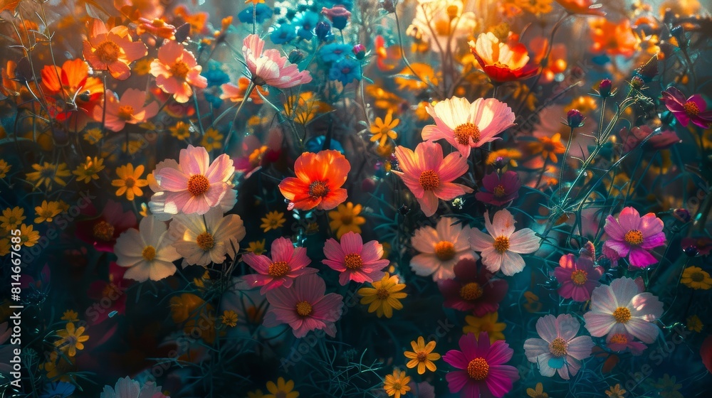 Patchwork of garden flowers close up, focus on the texture contrast, copy space, ensure lively colors, Double exposure silhouette with a sunny day Patchwork of garden flowers close up, focus on the texture contrast, copy space, ensure lively colors, Double exposure silhouette with a sunny day