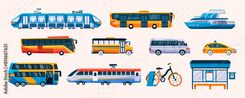 Hand drawn flat public transport set collection