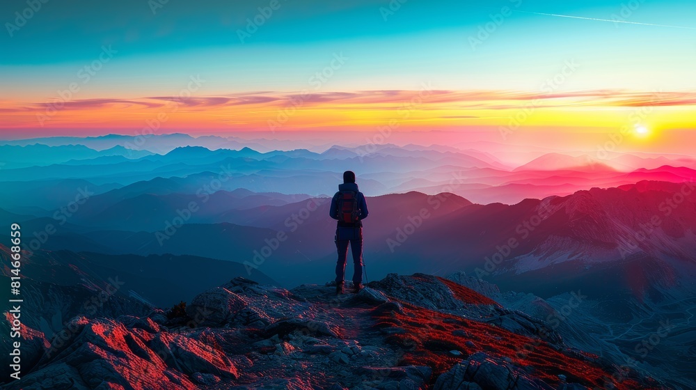 Fototapeta premium Mountain range at sunrise close up, focus on the first light, copy space, ensure vibrant colors, Double exposure silhouette with a hiker