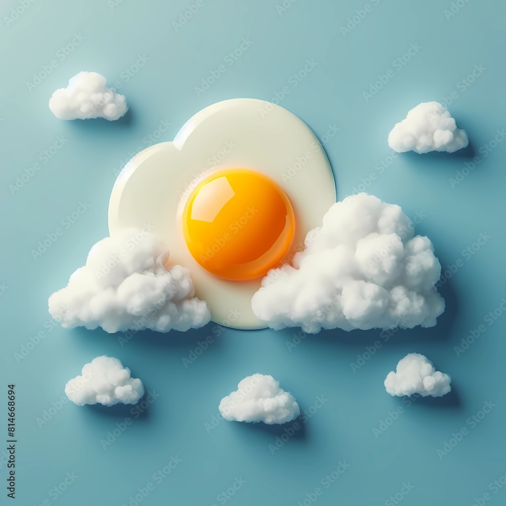 fried egg in the shape of sun and clouds on blue background fried egg in the shape of sun and clouds on blue background