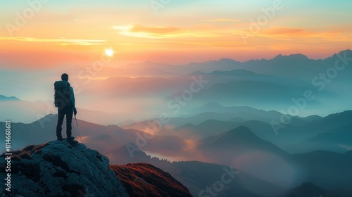 Mountain range at sunrise close up, focus on the first light, copy space, ensure vibrant colors, Double exposure silhouette with a hiker